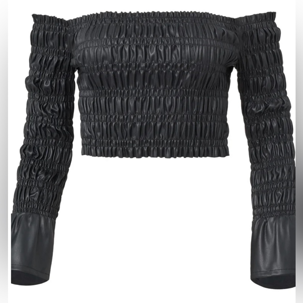 Venus NWOT Black Off-Shoulder Pleather Smocked Top